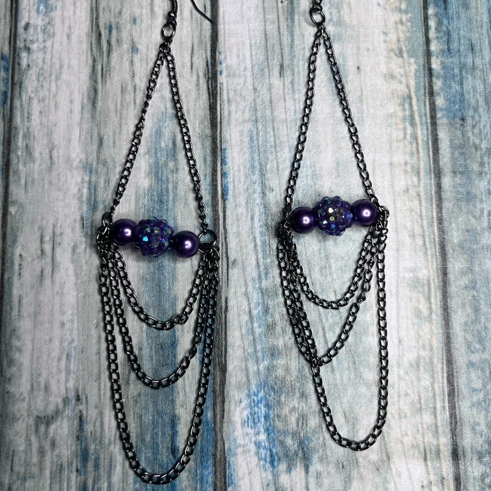 Purple bead and gunmetal chain long dangle earrings